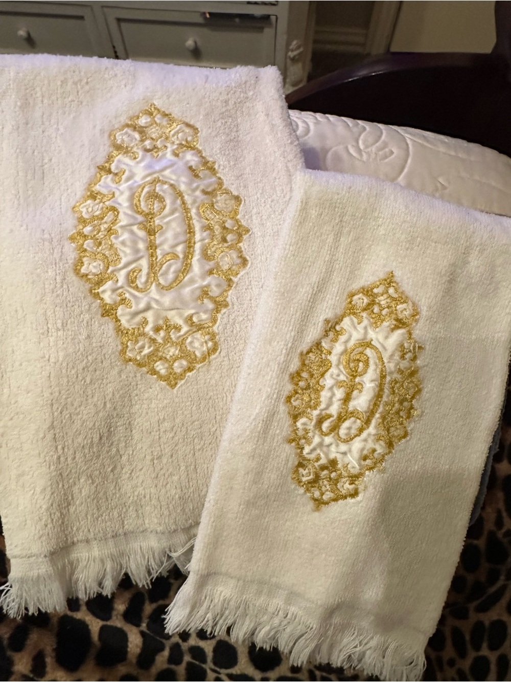 4 Luxury White Guest (2) and Hand (2) Towels with Gold Embroidered Medallion